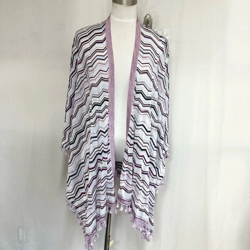 White House Black Market purple petite chevron sweater cardigan tassels hem XS/S